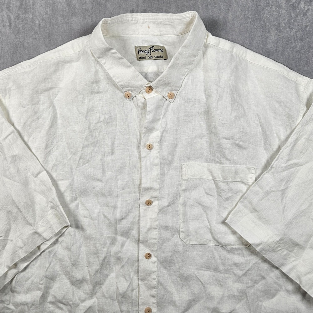 Kenny Flowers Shirt Mens 3XL White 100% Linen Short Sleeve Button Down Pocket